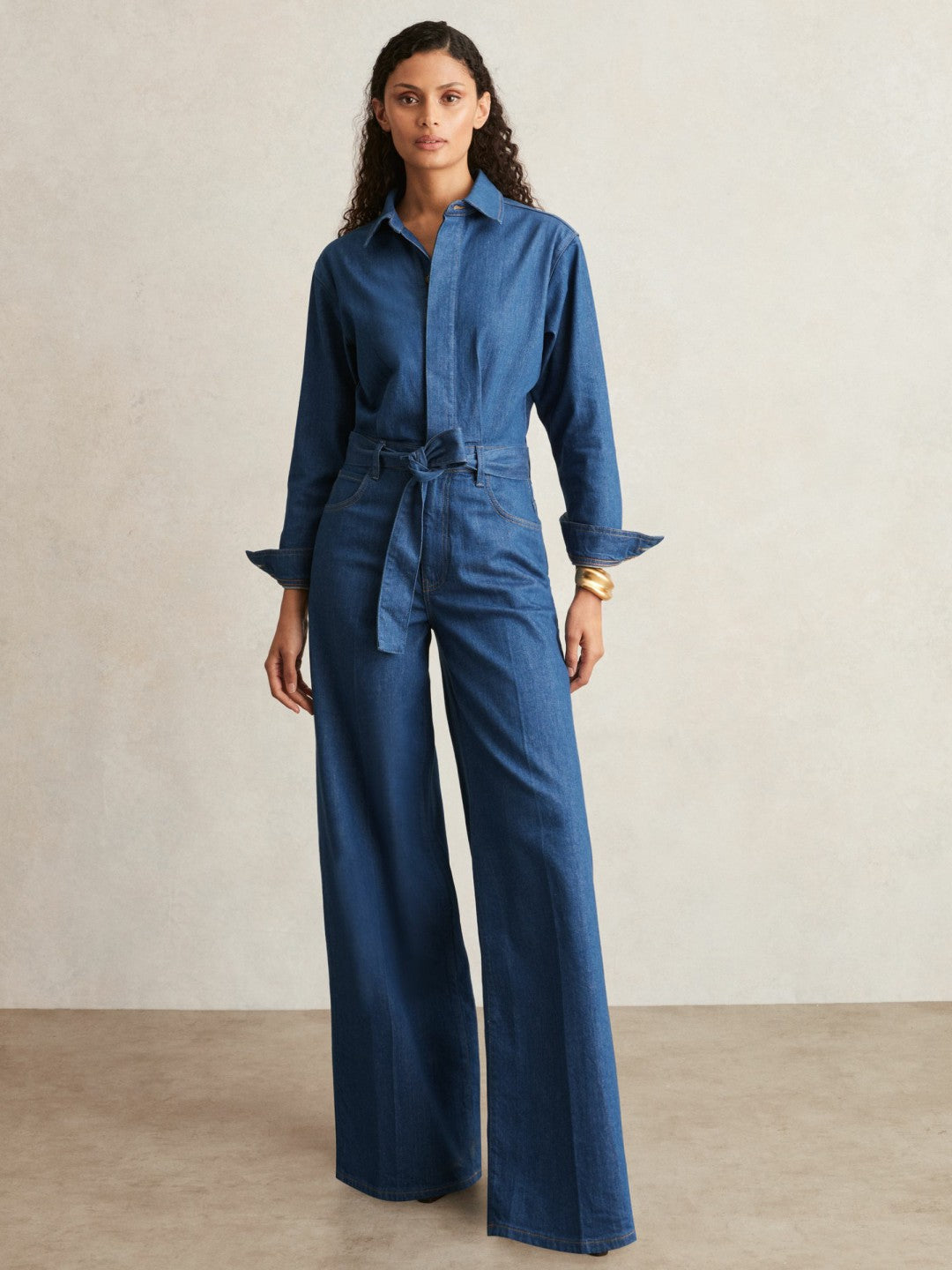 Paige Maraya Blue Wide Leg Belted Denim Jumpsuit in Maraya Blue | Reiss Women Exclusive
