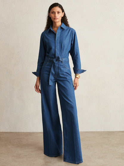 Paige Maraya Blue Wide Leg Belted Denim Jumpsuit in Maraya Blue | Reiss Women Exclusive