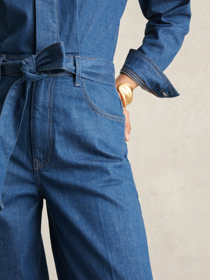 Paige Maraya Blue Wide Leg Belted Denim Jumpsuit in Maraya Blue | Reiss Women Exclusive