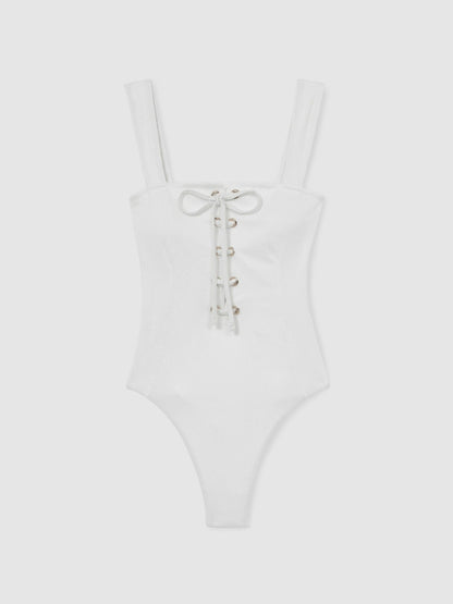 Ribbed Lace-Up Swimsuit in White | Reiss Women Best Seller