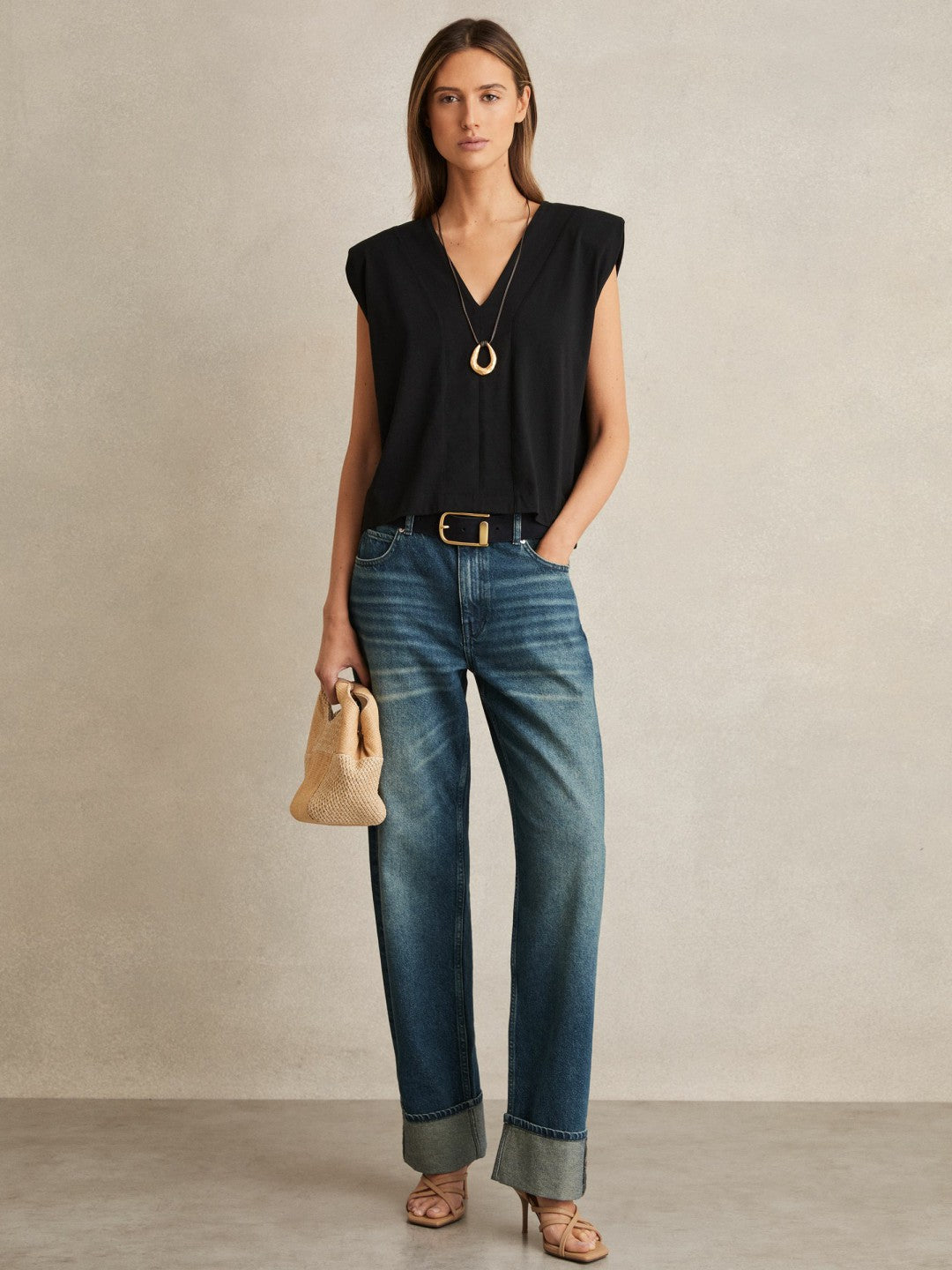 Cotton Shoulder-Pad V-Neck Top in Black | Reiss Women Exclusive
