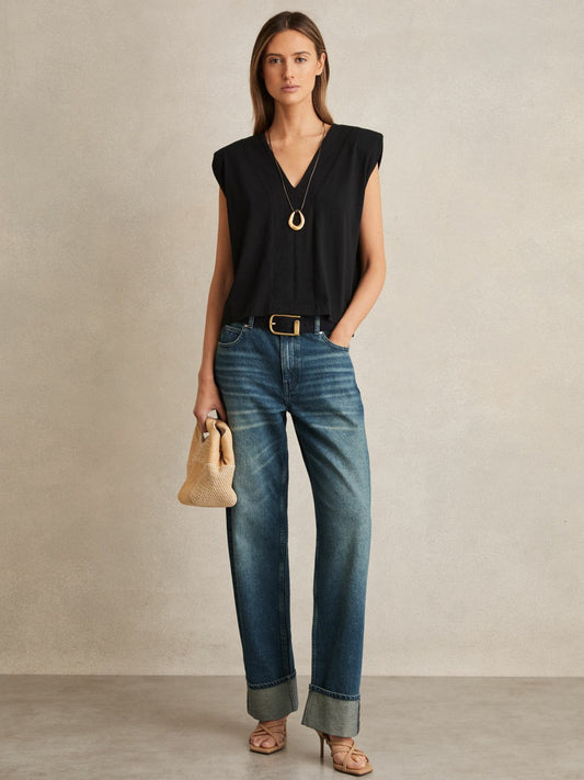 Cotton Shoulder-Pad V-Neck Top in Black | Reiss Women Exclusive