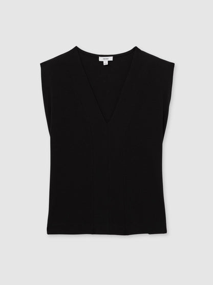 Cotton Shoulder-Pad V-Neck Top in Black | Reiss Women Exclusive