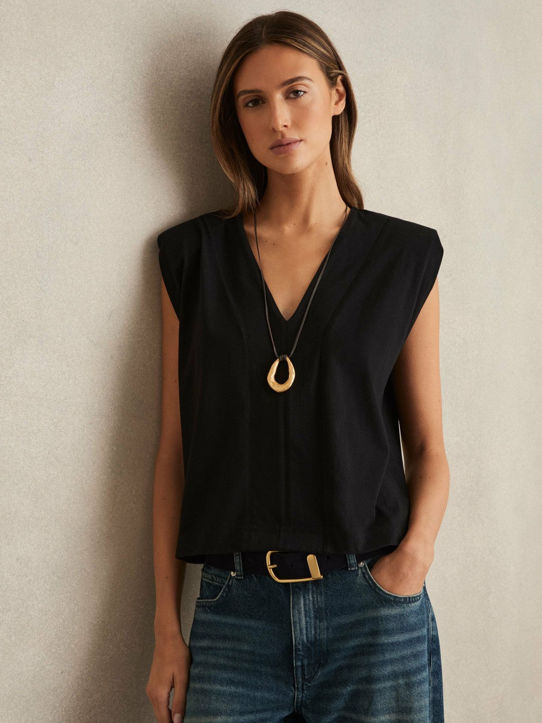 Cotton Shoulder-Pad V-Neck Top in Black | Reiss Women Exclusive