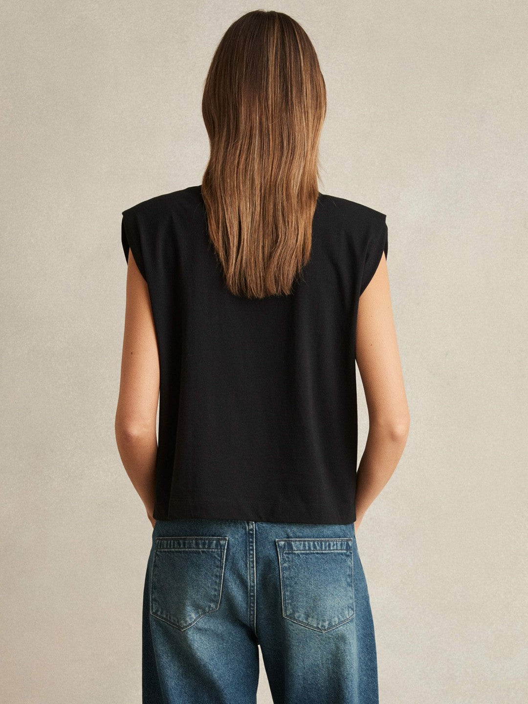 Cotton Shoulder-Pad V-Neck Top in Black | Reiss Women Exclusive