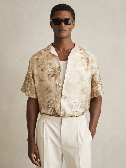 Jungle Print Cuban-Collar Shirt in Soft Sage Green | Reiss Men Best Seller