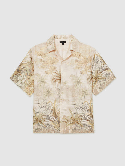 Jungle Print Cuban-Collar Shirt in Soft Sage Green | Reiss Men Best Seller
