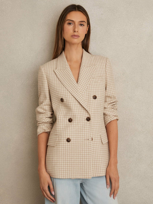 Petite Double Breasted Check Blazer With Wool in Neutral Check | Reiss Women Best Seller