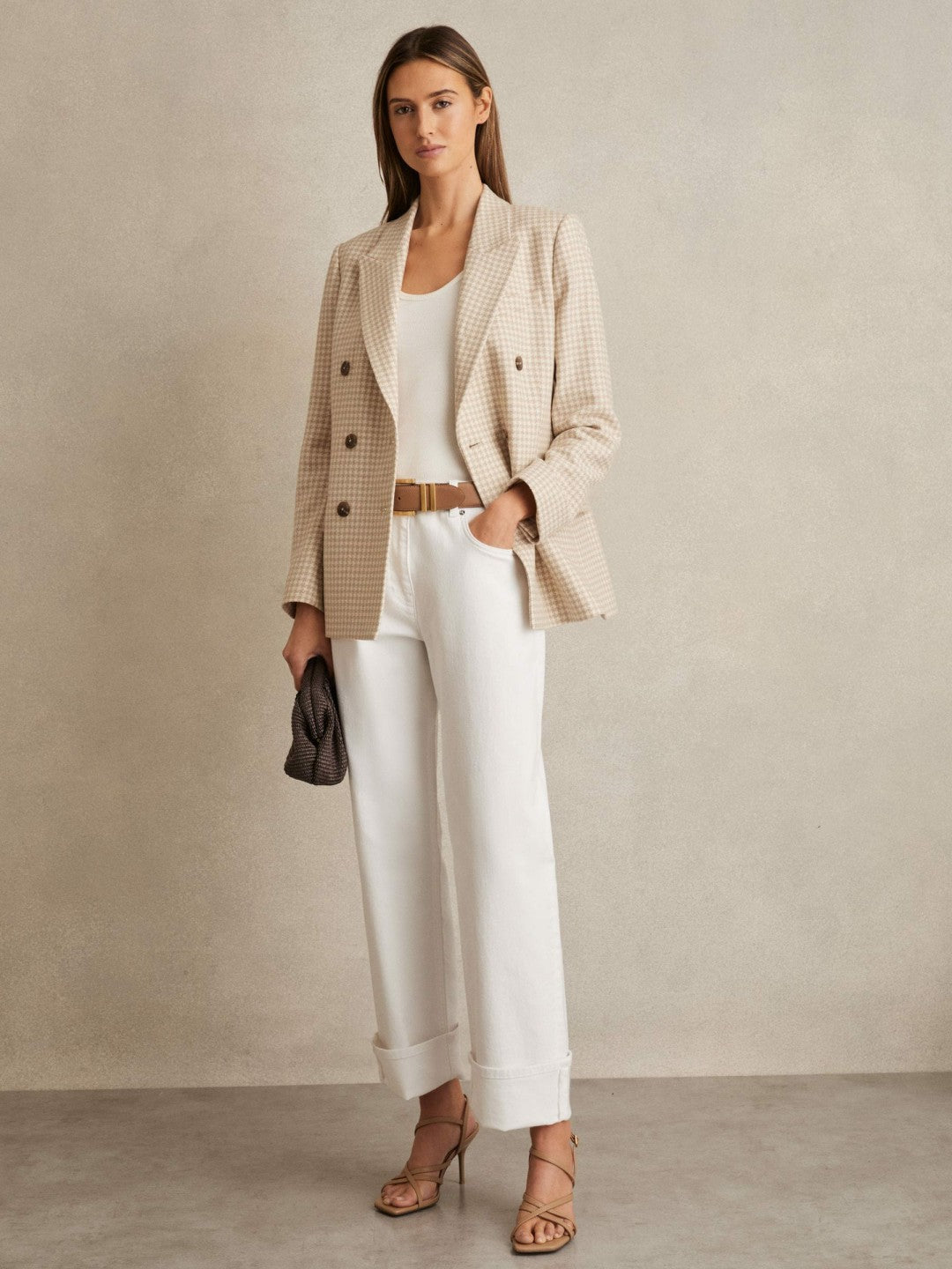 Petite Double Breasted Check Blazer With Wool in Neutral Check | Reiss Women Best Seller