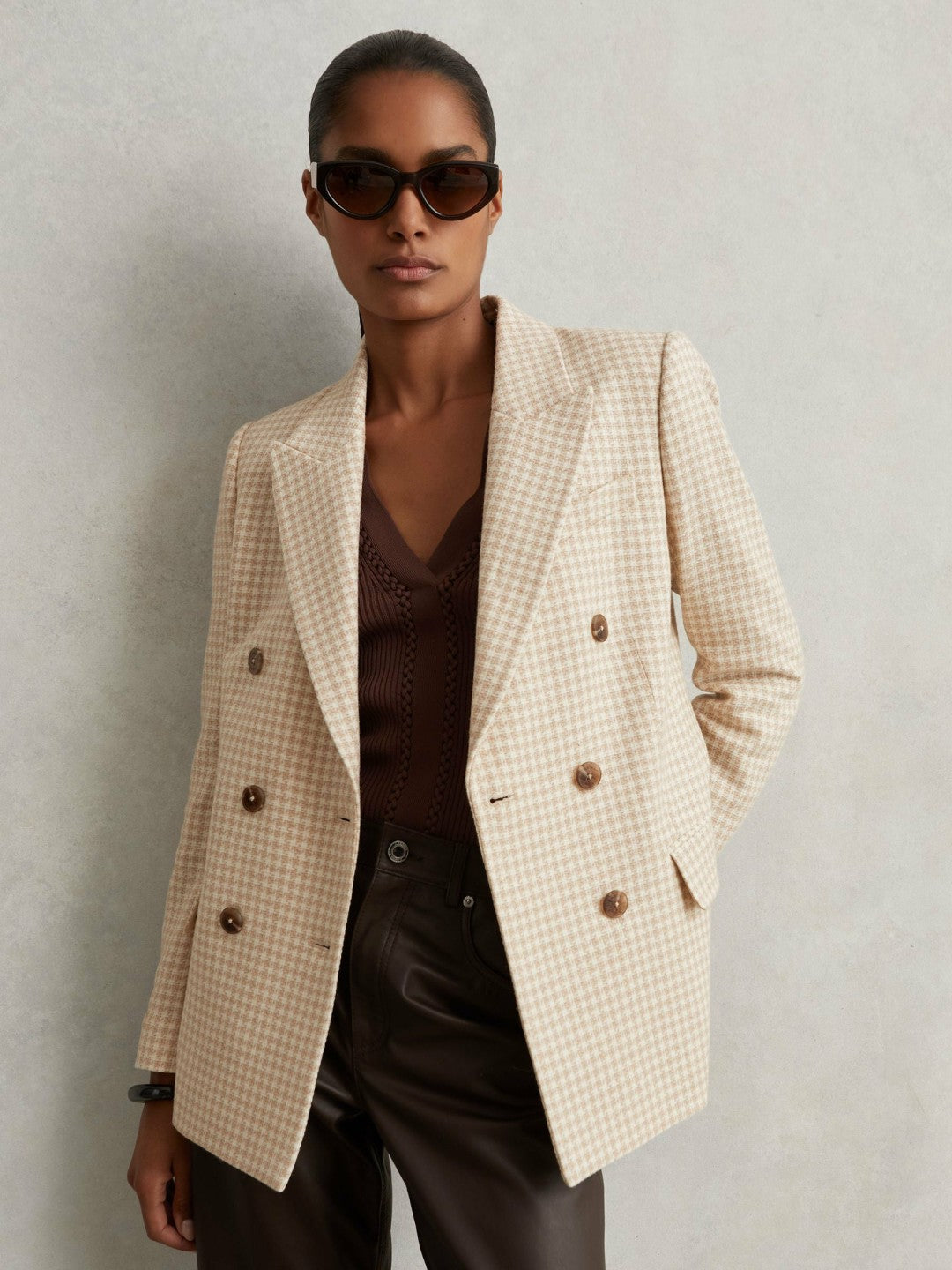 Double Breasted Check Blazer With Wool in Neutral Check | Reiss Women New