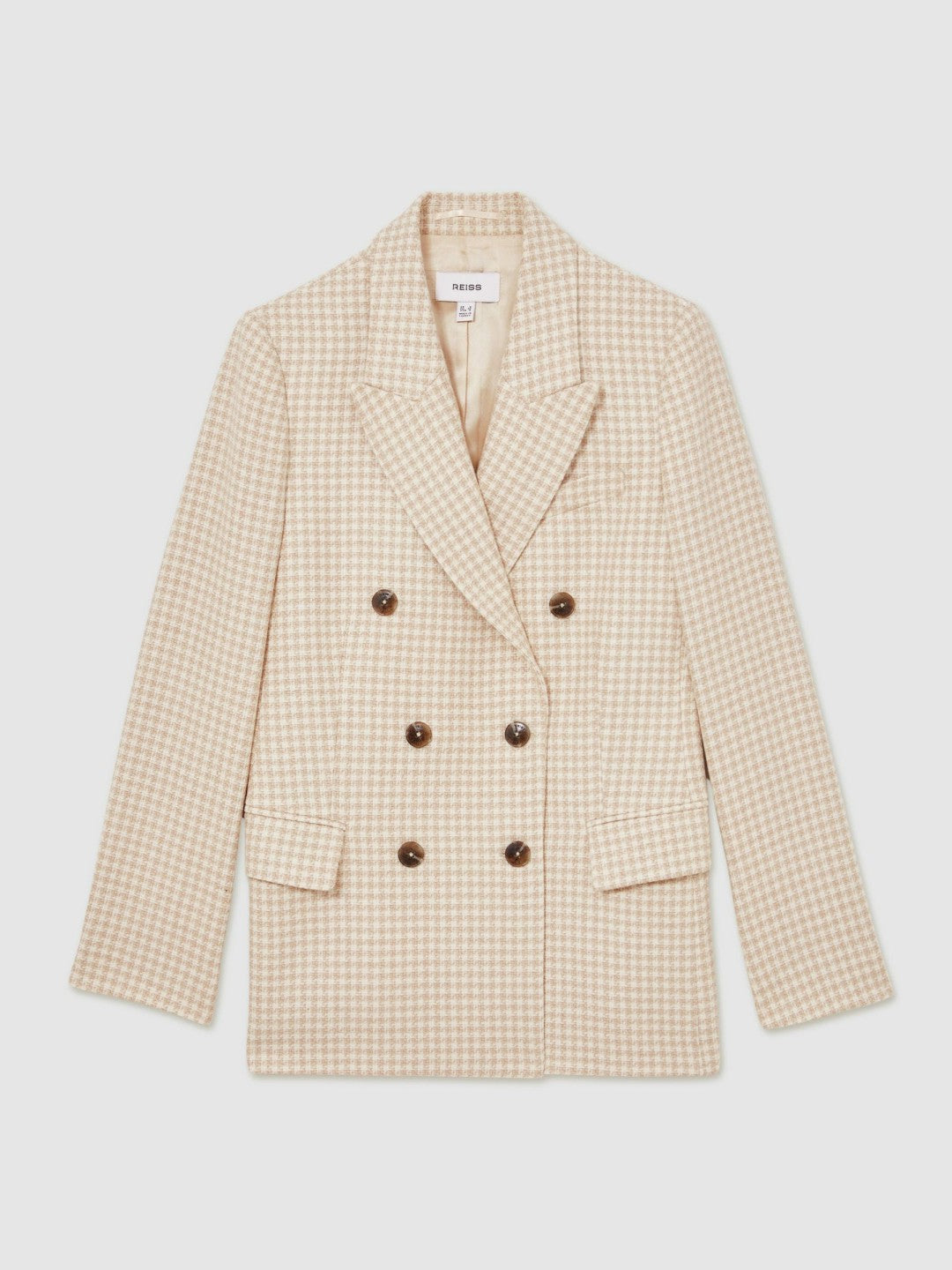 Double Breasted Check Blazer With Wool in Neutral Check | Reiss Women New