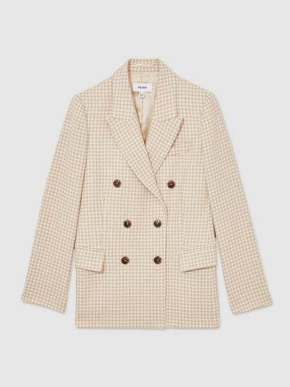 Double Breasted Check Blazer With Wool in Neutral Check | Reiss Women New