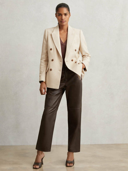 Double Breasted Check Blazer With Wool in Neutral Check | Reiss Women New