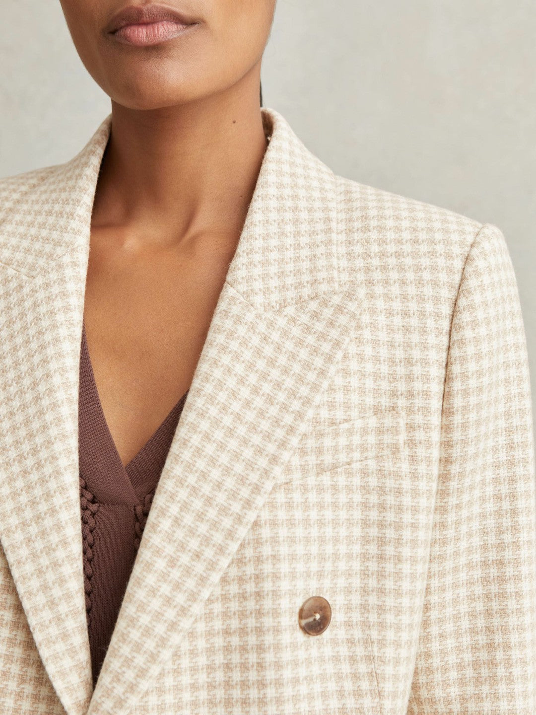 Double Breasted Check Blazer With Wool in Neutral Check | Reiss Women New