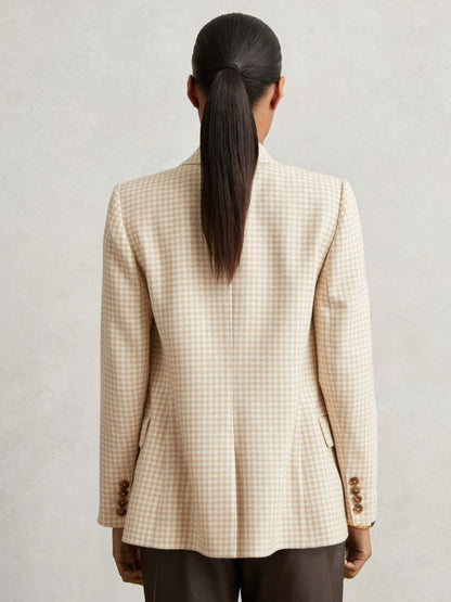 Double Breasted Check Blazer With Wool in Neutral Check | Reiss Women New