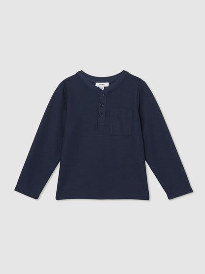 13-14 yrs Cotton-Blend Waffle Henley T-Shirt in Navy | Reiss Children & Baby Recommended