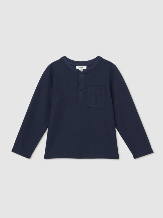 13-14 yrs Cotton-Blend Waffle Henley T-Shirt in Navy | Reiss Children & Baby Recommended