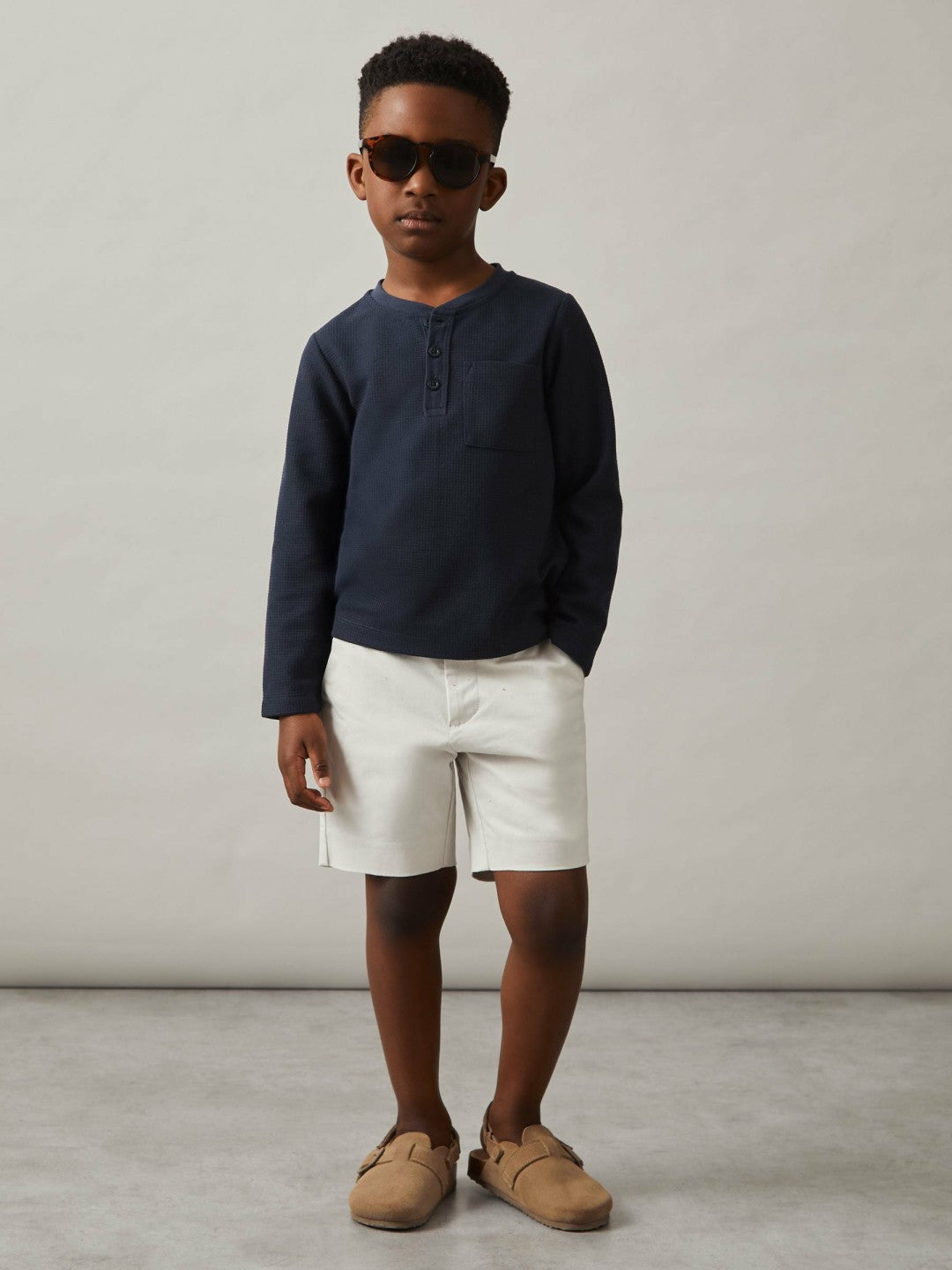 13-14 yrs Cotton-Blend Waffle Henley T-Shirt in Navy | Reiss Children & Baby Recommended