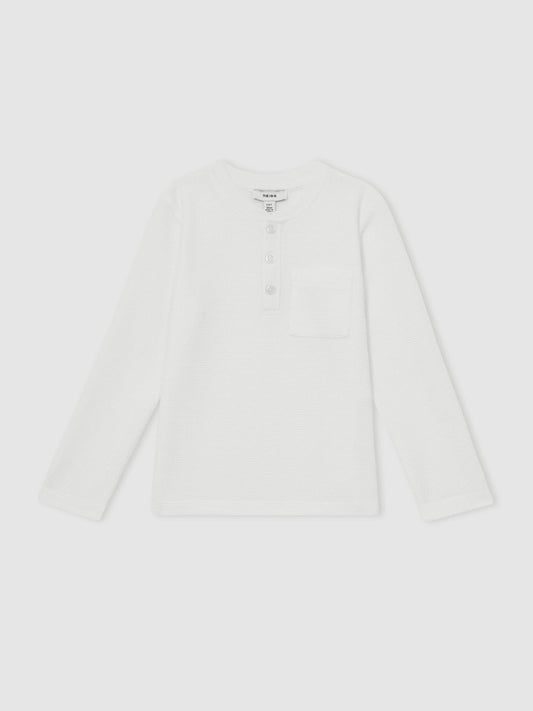 13-14 yrs Cotton-Blend Waffle Henley T-Shirt in White | Reiss Children & Baby Exclusive