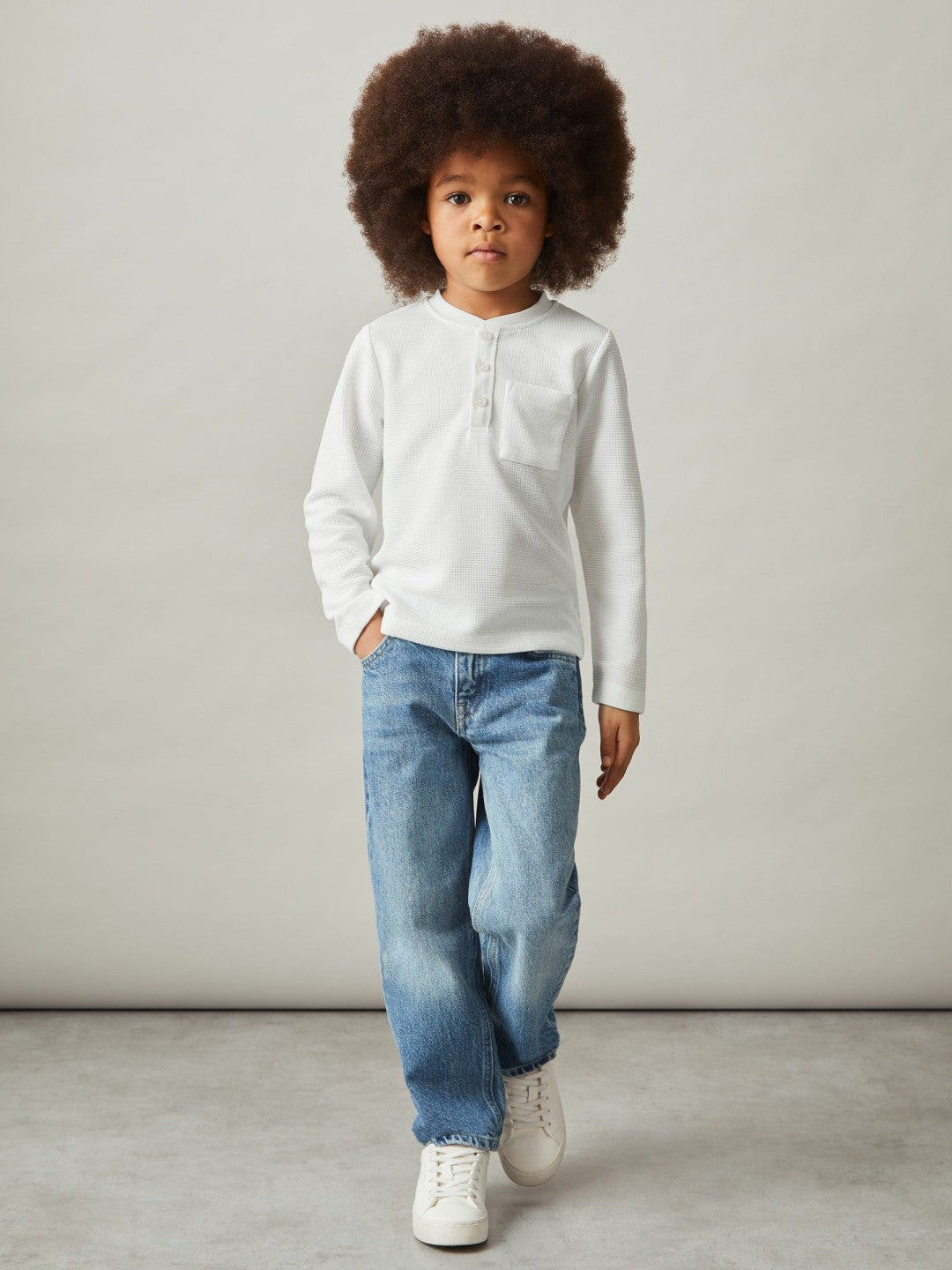 13-14 yrs Cotton-Blend Waffle Henley T-Shirt in White | Reiss Children & Baby Exclusive