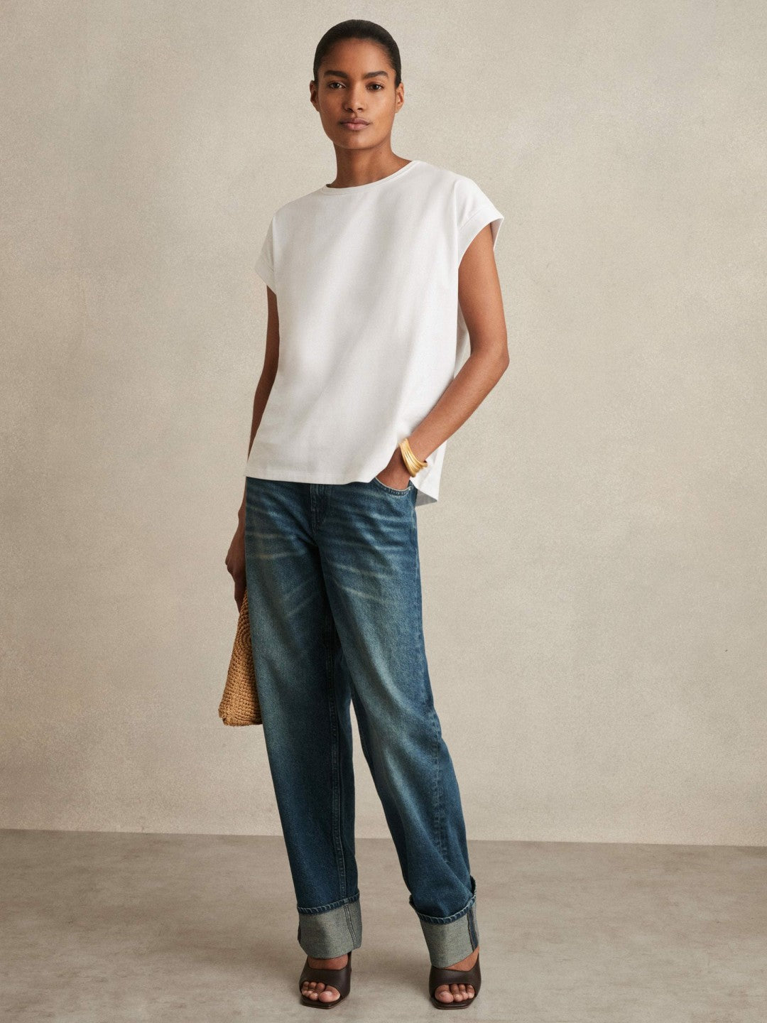 Brushed-Cotton Crew-Neck T-Shirt in White | Reiss Women Signature