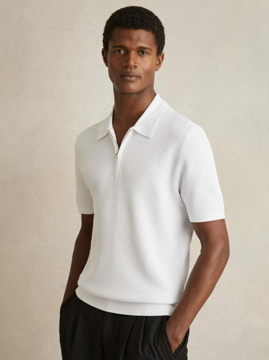 Textured Half-Zip Polo Shirt in White | Reiss Men New