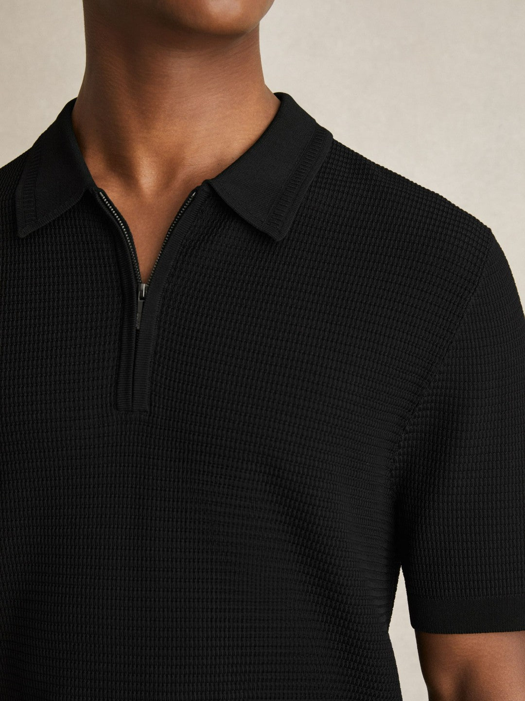 Textured Half-Zip Polo Shirt in Black | Reiss Men Exclusive