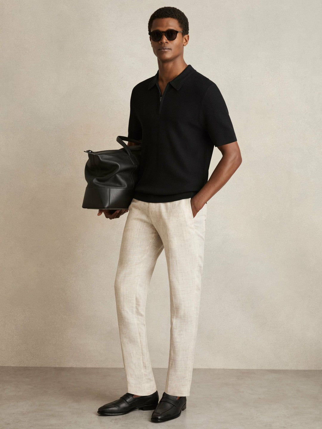 Textured Half-Zip Polo Shirt in Black | Reiss Men Exclusive