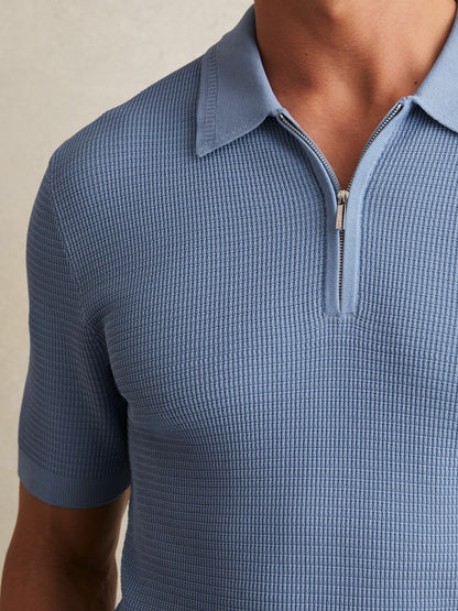 Textured Half-Zip Polo Shirt in Blue | Reiss Men Premium