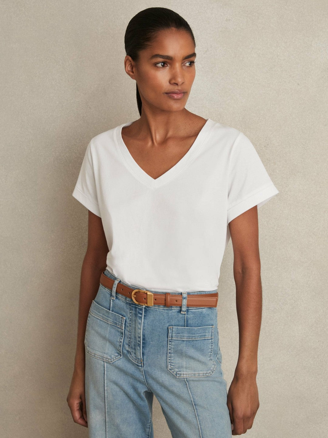 Brushed-Cotton V-Neck T-Shirt in White | Reiss Women Best Seller