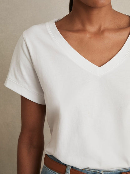 Brushed-Cotton V-Neck T-Shirt in White | Reiss Women Best Seller