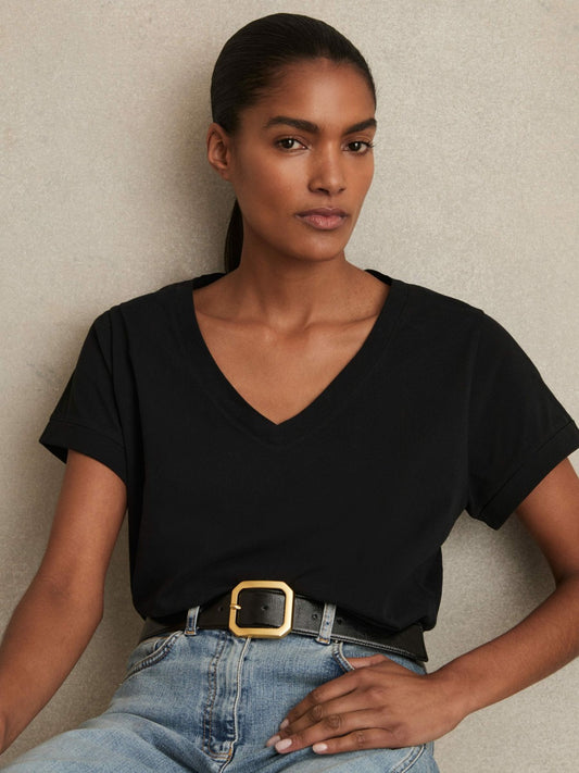 Brushed-Cotton V-Neck T-Shirt in Black | Reiss Women Signature