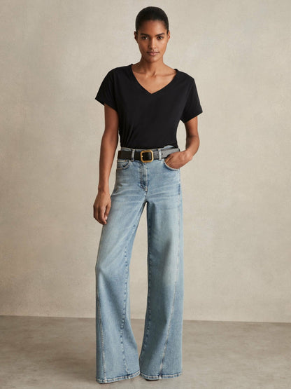 Brushed-Cotton V-Neck T-Shirt in Black | Reiss Women Signature