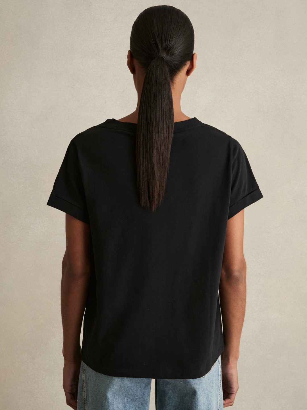 Brushed-Cotton V-Neck T-Shirt in Black | Reiss Women Signature