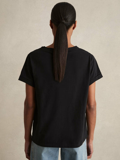 Brushed-Cotton V-Neck T-Shirt in Black | Reiss Women Signature