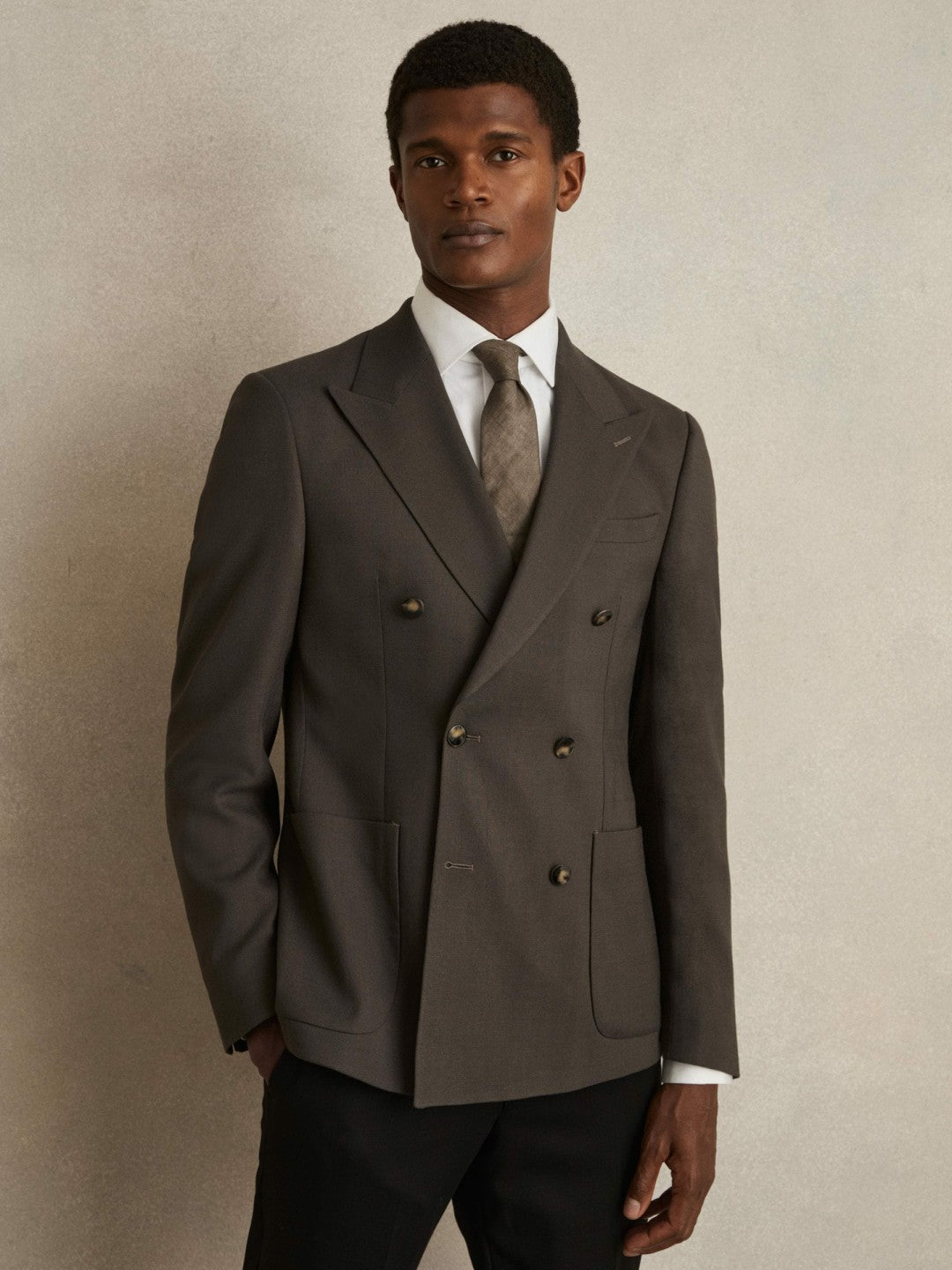 Slim Fit Double Breasted Suit Blazer in Dark Green | Reiss Men Featured