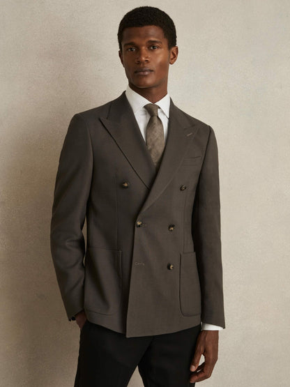 Slim Fit Double Breasted Suit Blazer in Dark Green | Reiss Men Featured