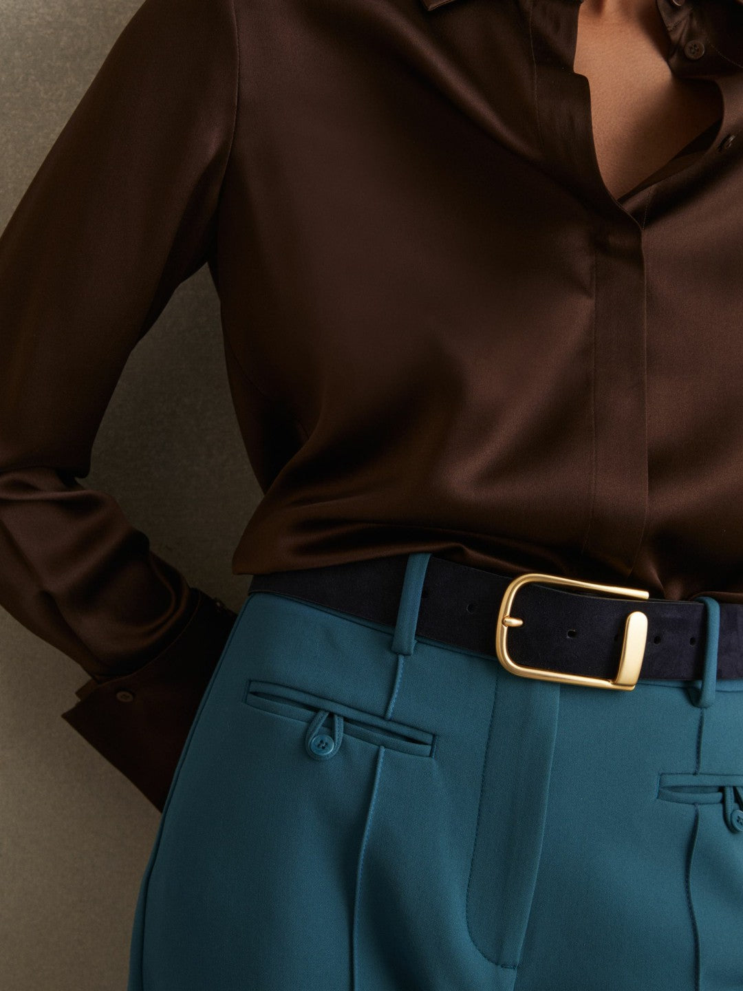 Leather Half Keeper Belt in Navy | Reiss Women Popular