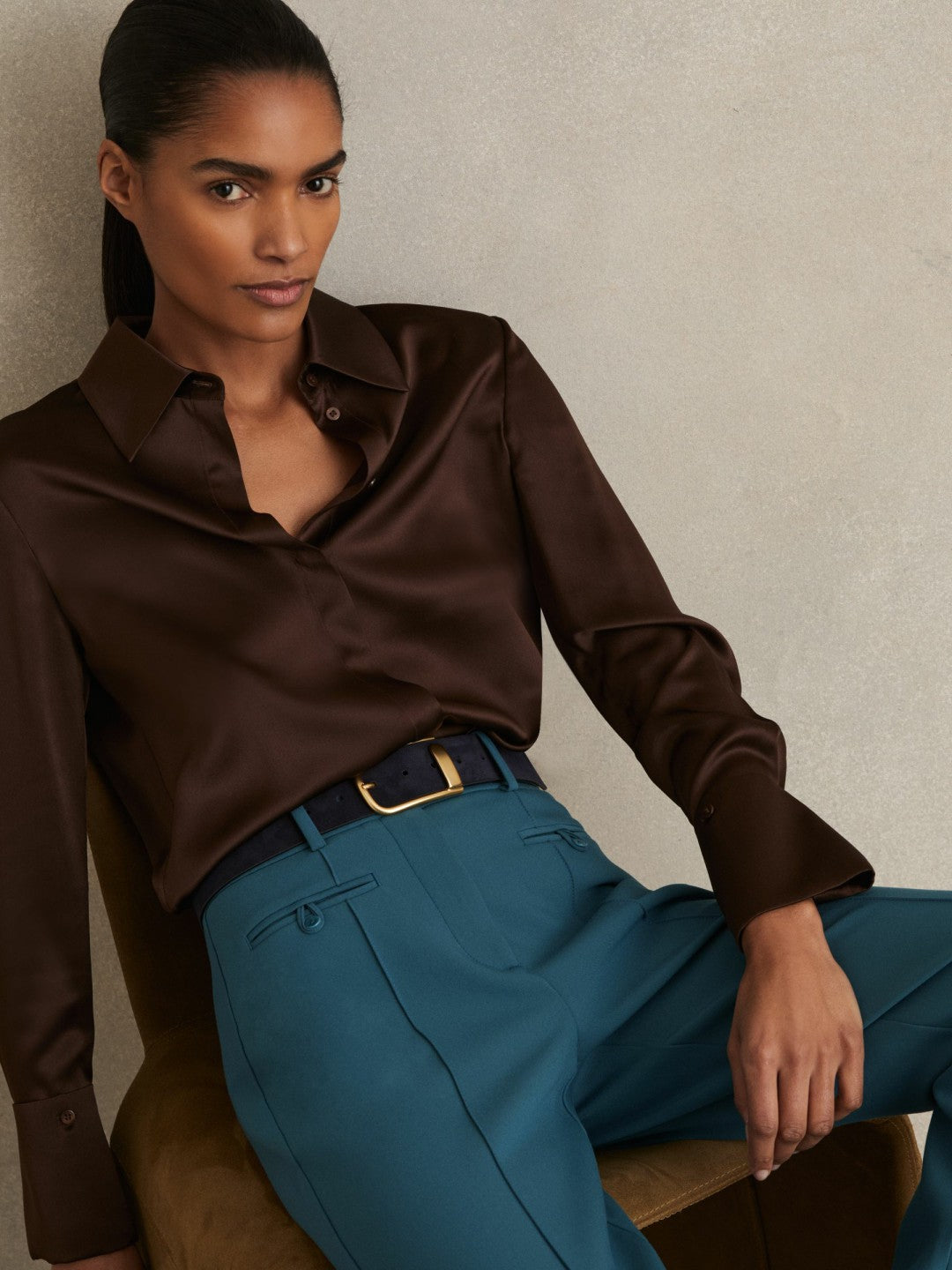 Leather Half Keeper Belt in Navy | Reiss Women Popular