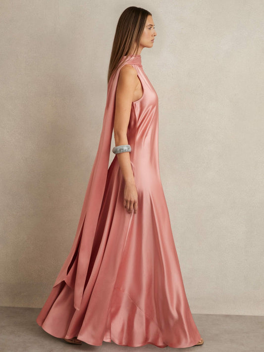 Satin Cape Maxi Dress in Pink | Reiss Women New