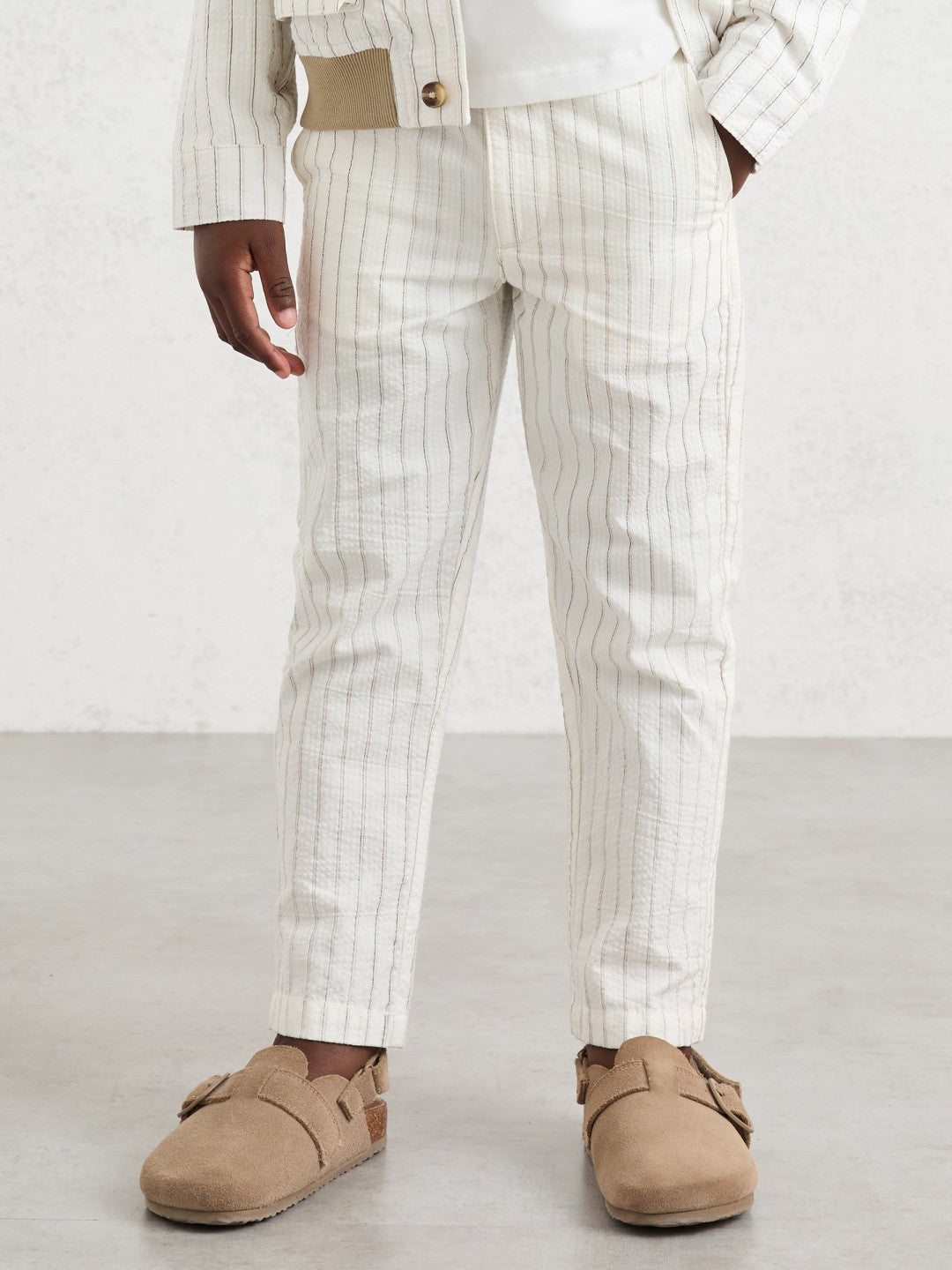 3-9 yrs Cotton Pinstripe Trousers Regular-Fit in Off White/Taupe Brown | Reiss Children & Baby Exclusive