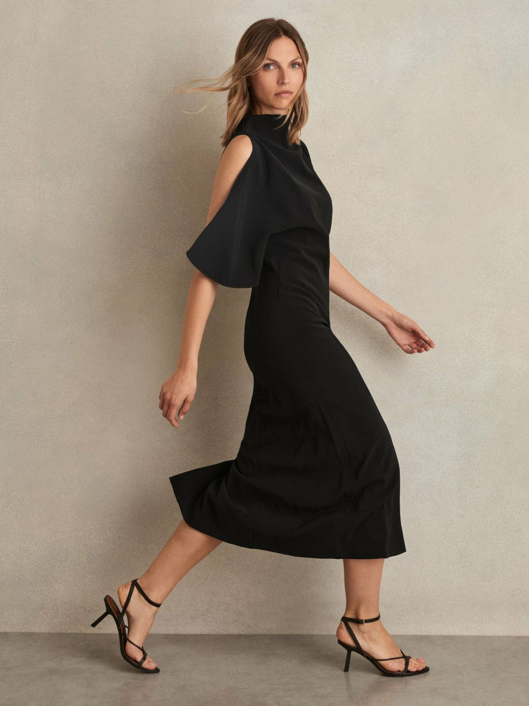 Draped-Front High-Neck Midi Dress in Black | Reiss Women Premium