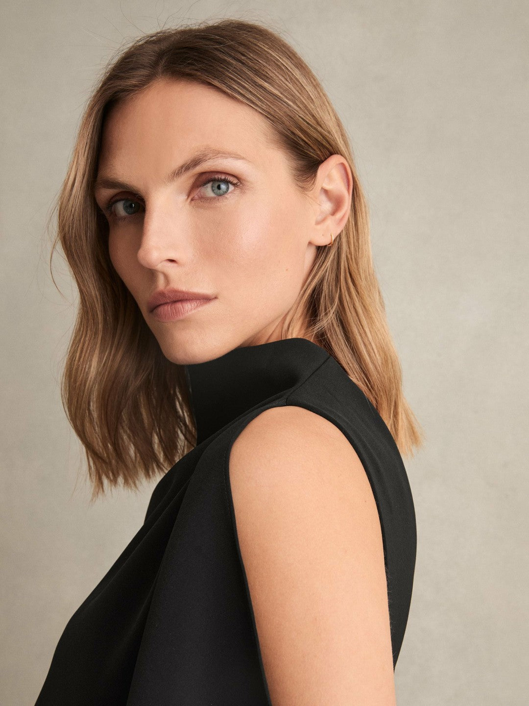 Draped-Front High-Neck Midi Dress in Black | Reiss Women Premium