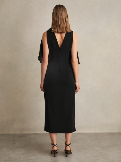 Draped-Front High-Neck Midi Dress in Black | Reiss Women Premium