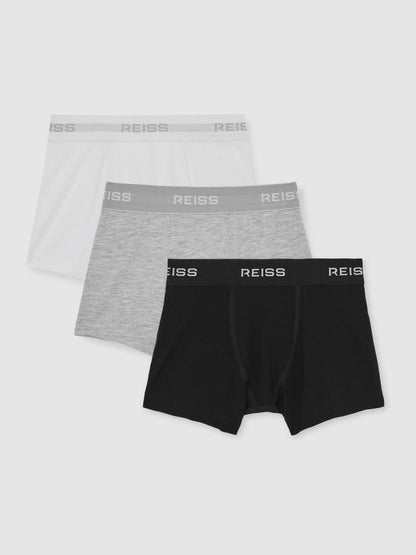9-13 yrs Stretch-Cotton Logo-Waistband Boxer Shorts 3 Pack in White/Grey/Black | Reiss Children & Baby Featured