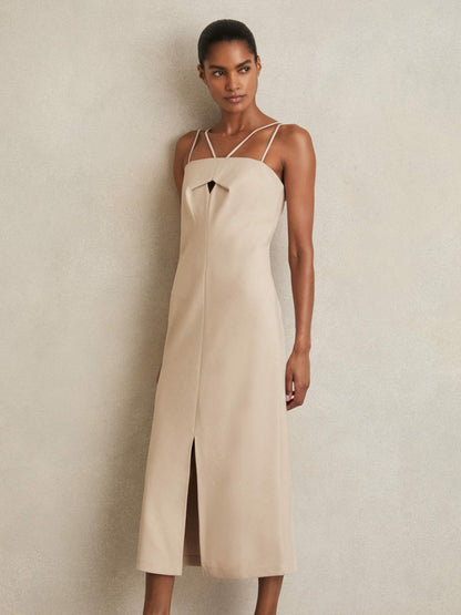 Double Strap Cut Out Midi Dress in Stone Neutral | Reiss Women Featured