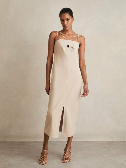 Double Strap Cut Out Midi Dress in Stone Neutral | Reiss Women Featured