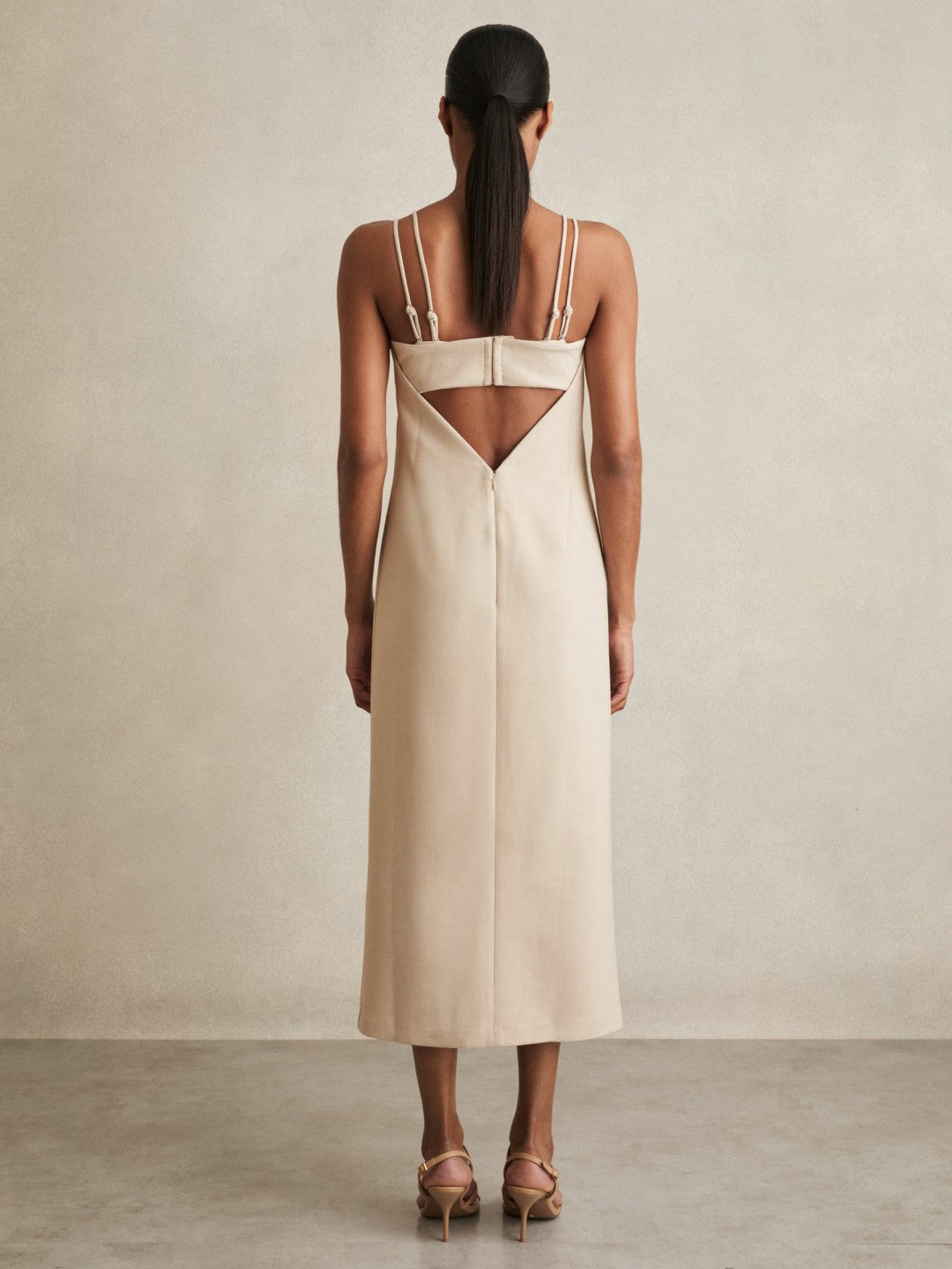 Double Strap Cut Out Midi Dress in Stone Neutral | Reiss Women Featured
