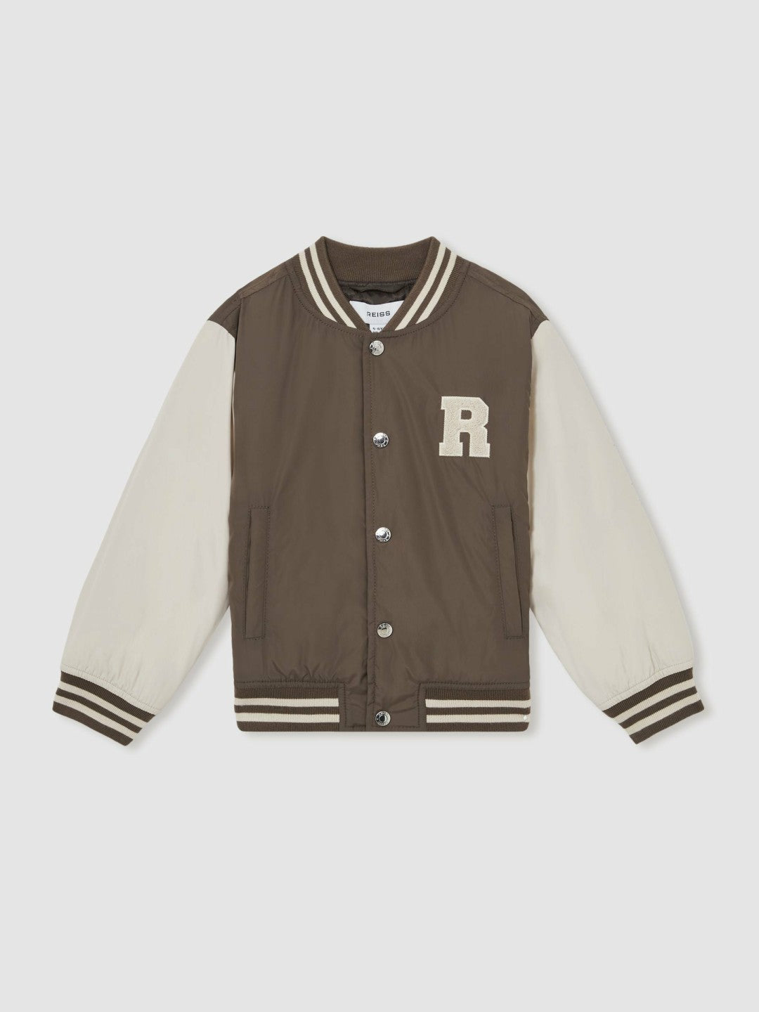 3-9 yrs Colour-Block Varsity Bomber Jacket in Mink Brown/Off White | Reiss Children & Baby New