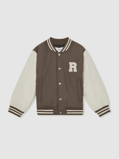 9-13 yrs Colour-Block Varsity Bomber Jacket in Mink Brown/Off White | Reiss Children & Baby Signature